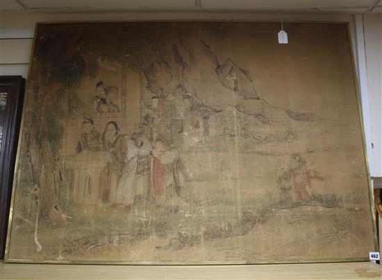 Chinese School, ink and watercolour on silk, Figures in a rocky landscape, 79 x 109cm